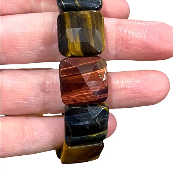 - Kalifano Multi color Heavy Faceted Tiger eye gemstone bangle stretchy br… - Picture 11 of 12